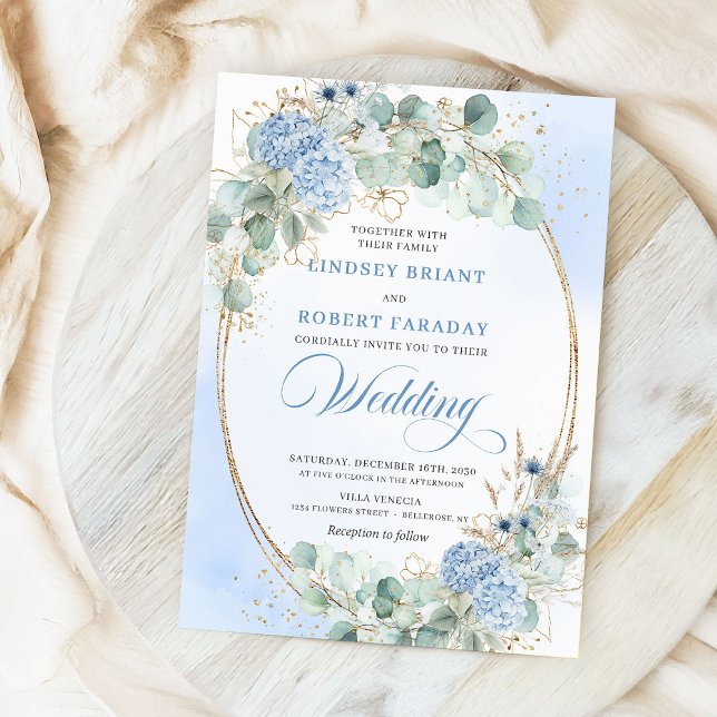 Convite de Casamento de Hydrangea Azul Botânica co (Botanical Blue Hydrangea Eucalyptus Wedding Invitation)