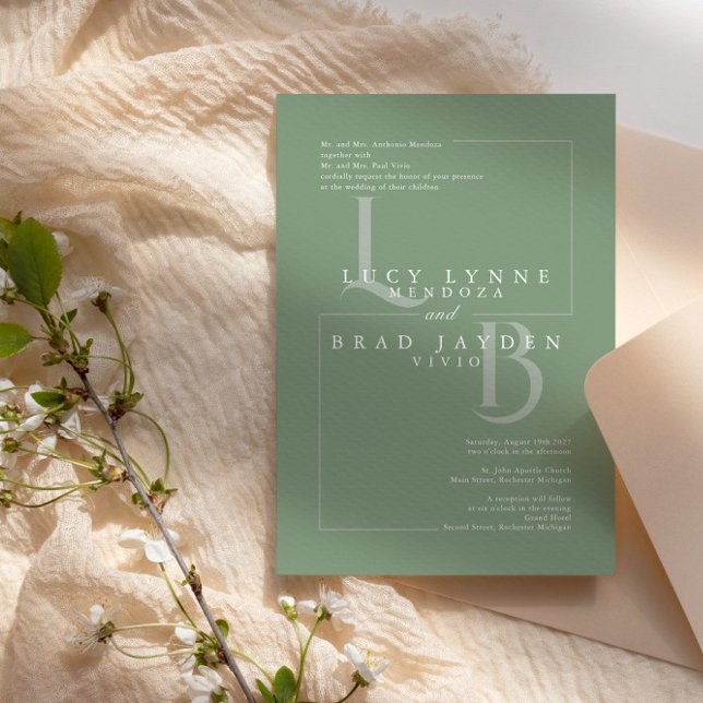 Convite de casamento de Iniciais Geométricos Verde (Criador carregado)