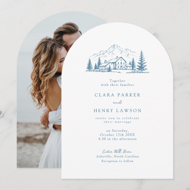 Convite de Casamento de Inverno Blue Mountain Pine (Frente/Verso)