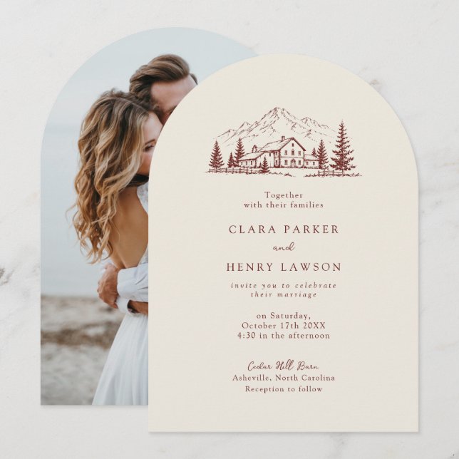 Convite de Casamento de Inverno Burgundy Lodge (Frente/Verso)
