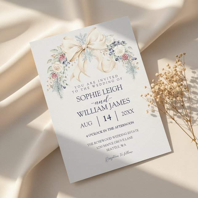 Convite de Casamento de Inverno com Laço Creme e F (luxury winter wedding invitation)