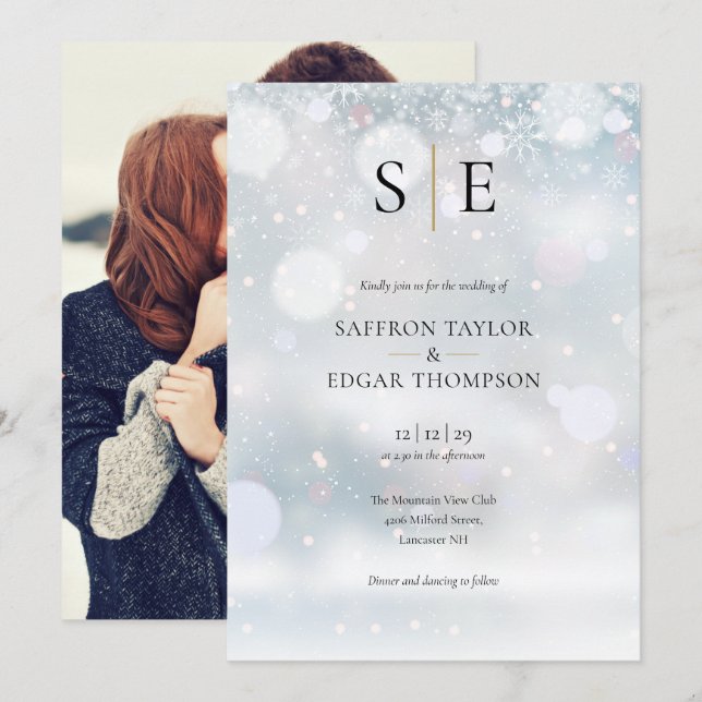 Convite de Casamento de Inverno com Monograma Pret (Frente/Verso)