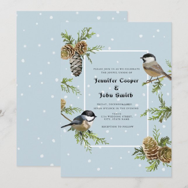 Convite de casamento de inverno com pino e neve de (Frente/Verso)
