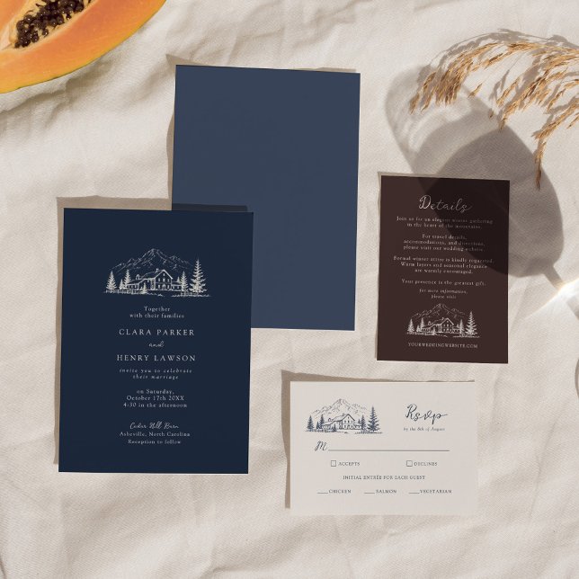 Convite de Casamento de Inverno Dark Navy Lodge (Criador carregado)