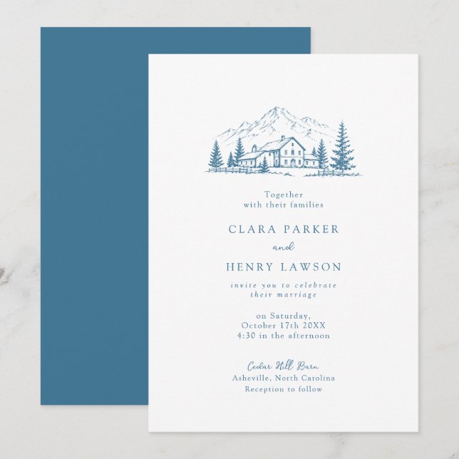 Convite de Casamento de Inverno Dusty Blue Mountai (Frente/Verso)