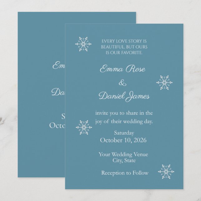 Convite de Casamento de Inverno Floco de Neve Azul (Frente/Verso)