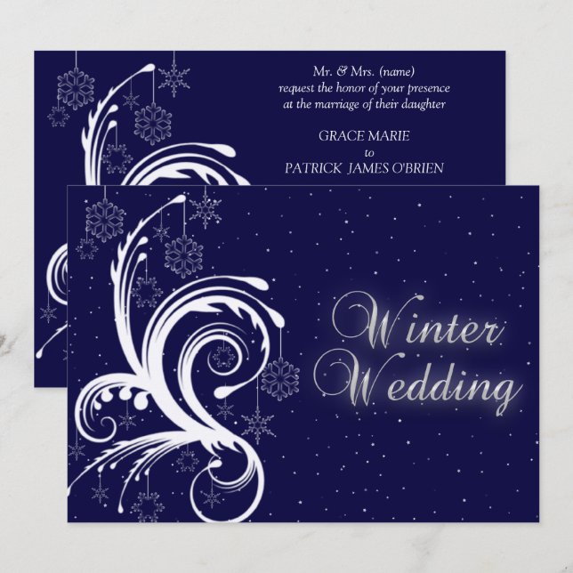 Convite de Casamento de Inverno, Flocos de Neve e  (Frente/Verso)