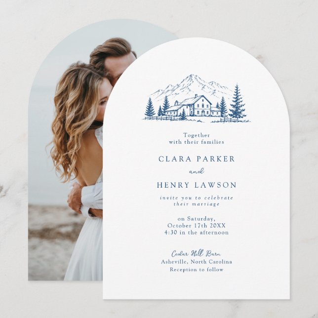 Convite de Casamento de Inverno Naval Arqueado (Frente/Verso)