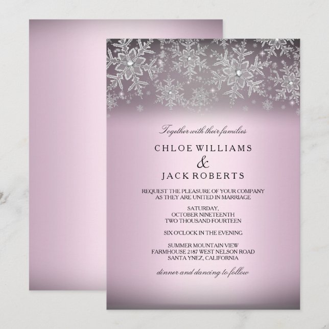 Convite de Casamento de Inverno Rosa Floco de Neve (Frente/Verso)