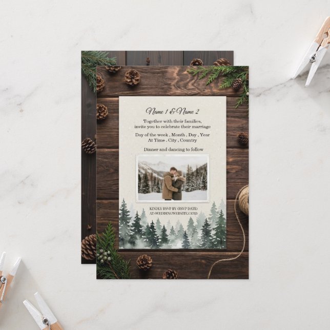 Convite de casamento de inverno rústico com foto (Frente/Verso In Situ)