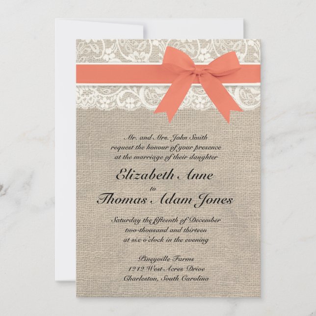 Convite De Casamento De Ivory Lace Rustic Burlap - (Frente)
