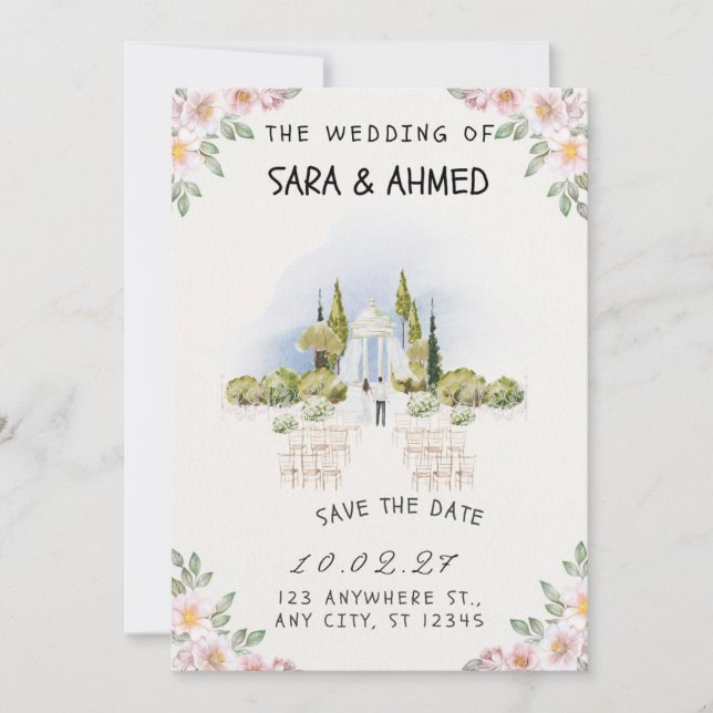 Convite de Casamento de Jardim com Aquarela Elegan (Frente)