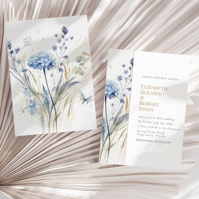 Convite de Casamento de Jardim com Hortênsia e Cha (Boho Chic French Blue Wildflowers Wedding Invitation  on a sunny neutral dry palm leaf.)