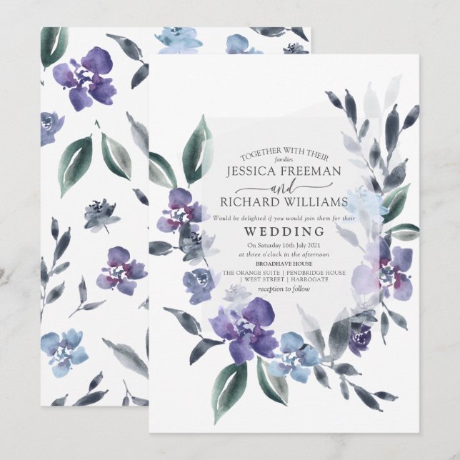 Convite de Casamento de Jardim Floral Roxo Empoeir (Frente/Verso)