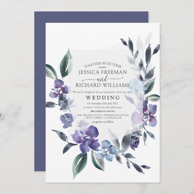 Convite de Casamento de Jardim Floral Roxo Empoeir (Frente/Verso)