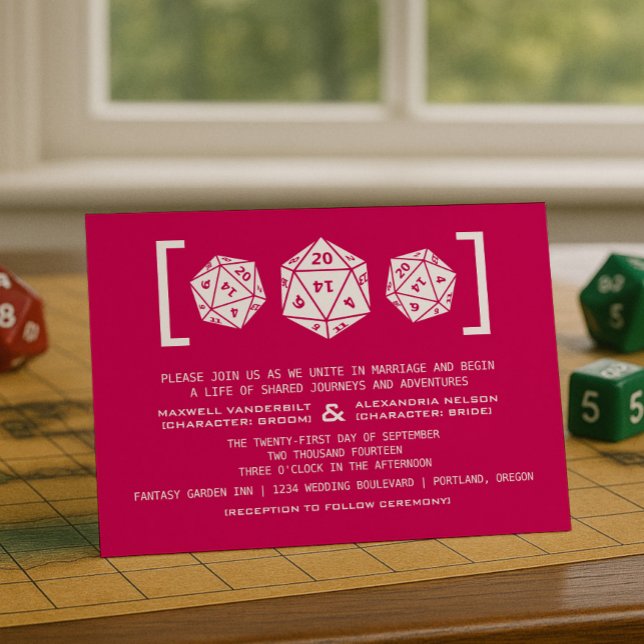 Convite De Casamento De Jogador De Dice D20 Rosa (Pink D20 Dice Gamer Wedding Invitation)