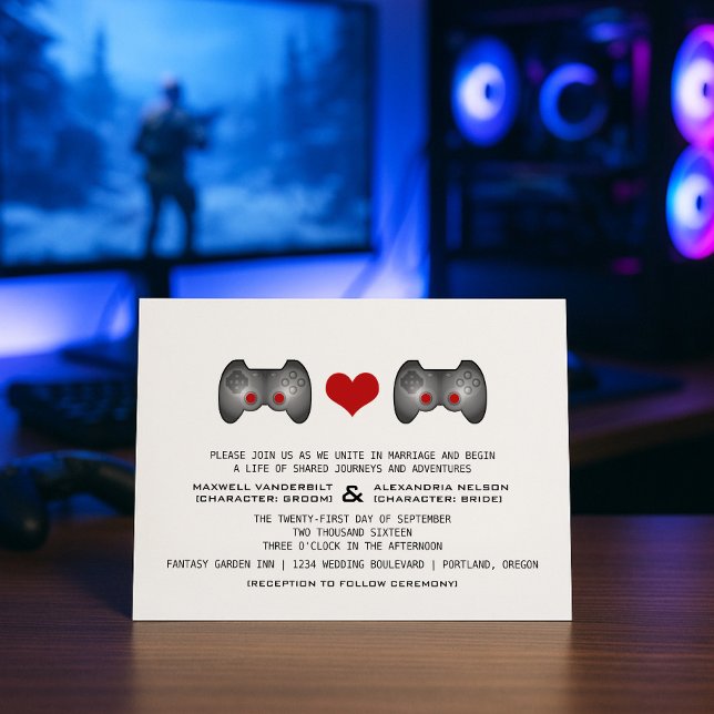 Convite de casamento de Jogadores de Cuta Vermelha (Red Cute Gamer Wedding Invite)
