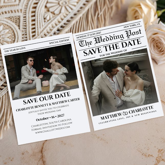 Convite de Casamento de Jornal Salve a Data (Save the Date Wedding Invitation)