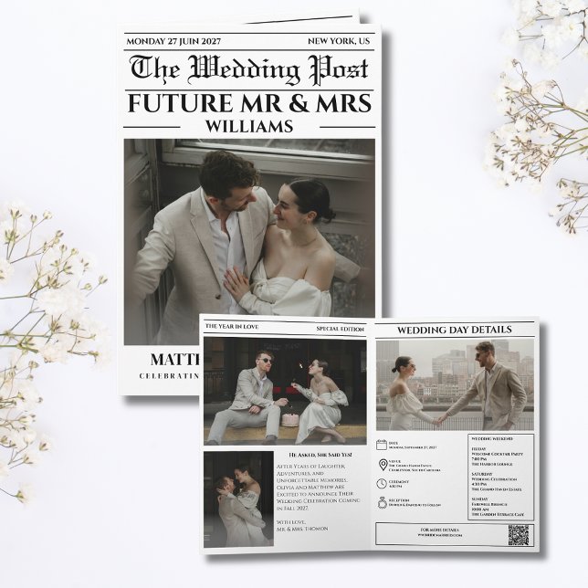 Convite de Casamento de Jornal Salve a Data (Newspaper Wedding Save The Date unique black and white modern couple vintage retro elegante )