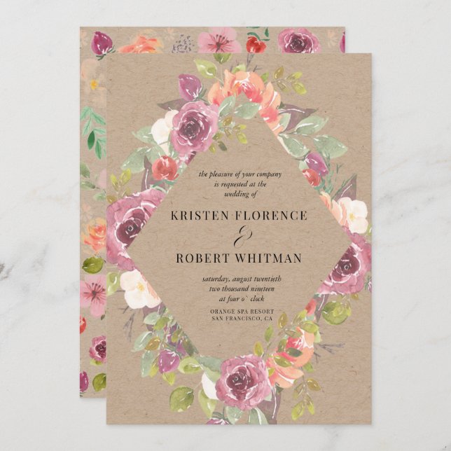 Convite De Casamento De Kraft Floral Rustic Vibran (Frente/Verso)