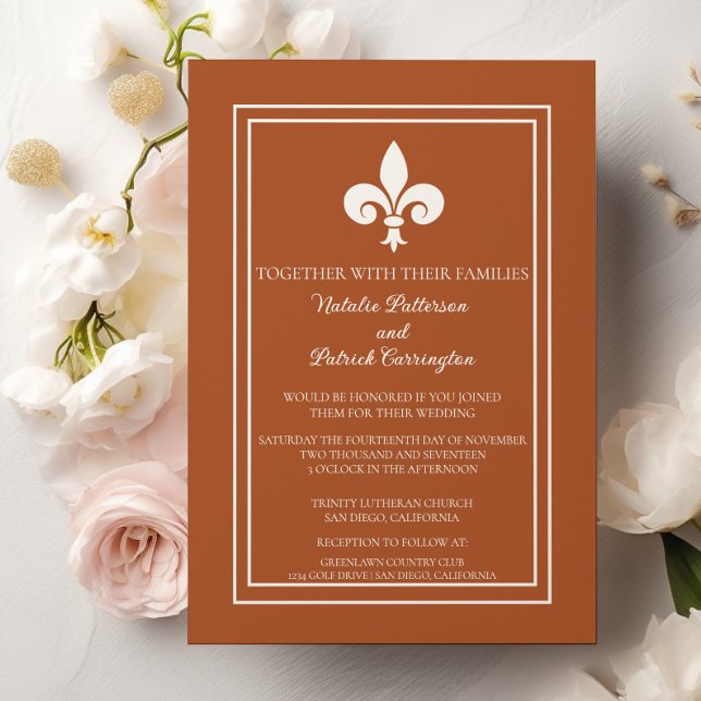 Convite De Casamento De Laranja Queimado Fleur De  (Burnt Orange Fleur de Lis Wedding Invitation)