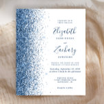Convite De Casamento De Literatura De Glitter Azul<br><div class="desc">A borda esquerda deste elegante convite de casamento moderno apresenta uma borda azul de falso brilho. O texto personalizável combina manuscrito azul,  fontes em copperplate e itálico em um fundo branco. O verso apresenta um design de brilho azul correspondente.</div>