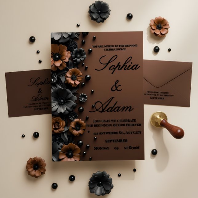 Convite de Casamento de Luxo 3D Floral Bronze e Pr (Criador carregado)