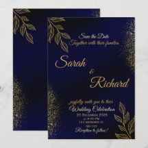 Convite de Casamento de Luxo Azul Marinho Dourado