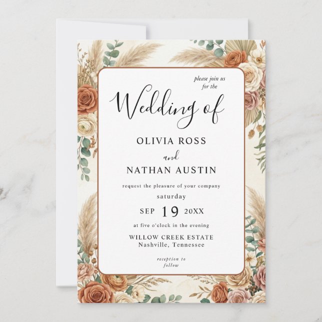 Convite de Casamento de Luxo Boho Terracota Floral (Frente)