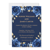 Convite de Casamento de Luxo Floral Azul Marinho e