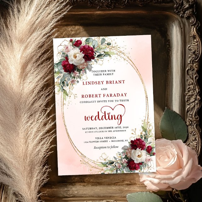 Convite de Casamento de Luxo Floral Boho Borgonha (Burgundy Boho Floral Luxury Wedding Invitation)