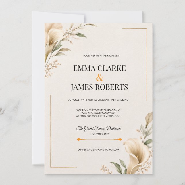 Convite de Casamento de Luxo Moderno com Floral Be (Frente)