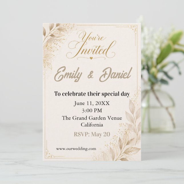 Convite de Casamento de Luxo Personalizado Bege Do (Em pé/Frente)