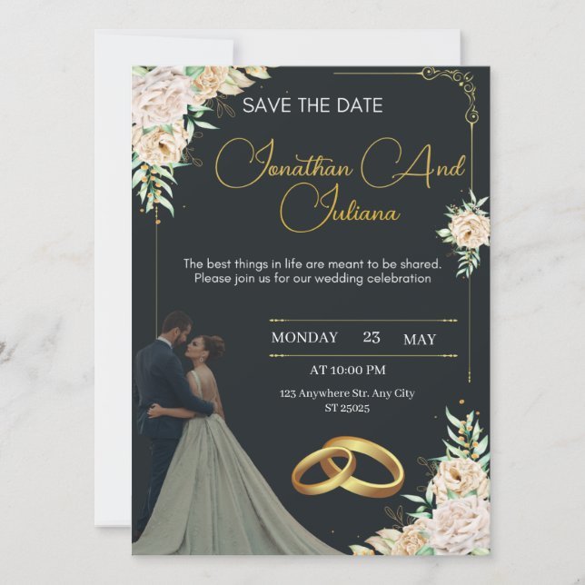 Convite de Casamento de Luxo Preto e Dourado (Frente)
