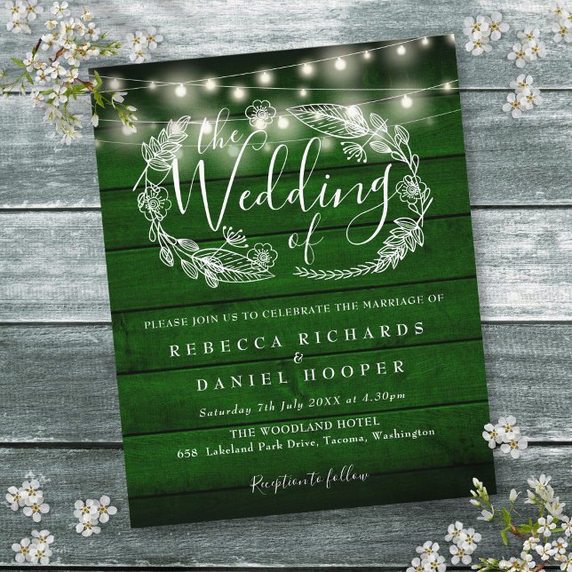 Convite de casamento de Luzes de Cordas Russas Ver (Budget Green Rustic String Lights Wedding Invite)