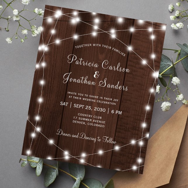 Convite de casamento de madeira com luzes rústicas (Criador carregado)