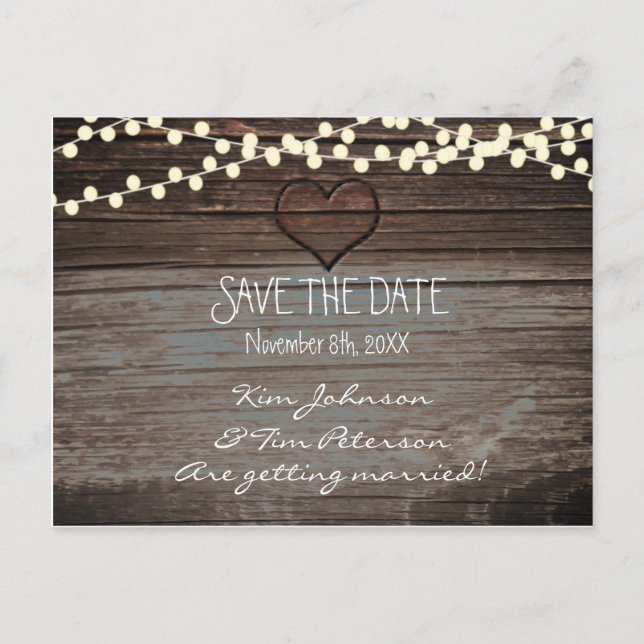 Convite de casamento de madeira Rustic Heart Save  (Frente)