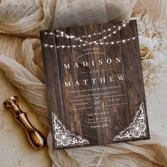 Convite de Casamento de Madeira Rústica com Renda  (Budget Wood Rustic Lace Wedding Invitation)