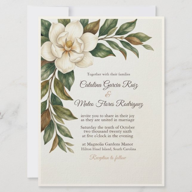 Convite de Casamento de Magnólia Marfim Elegante (Frente)