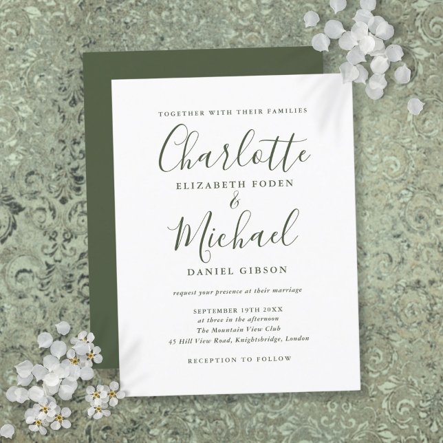 Convite De Casamento De Manuscrito Verde Oleícola  (Minimalist Olive Green Script Wedding Invitation)
