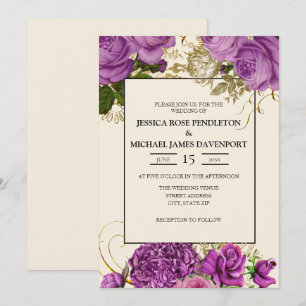 Convite de casamento de Marfim Dourado Roxo Elegan