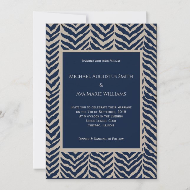 Convite De Casamento De marinho E Taupe Herringbon (Frente)