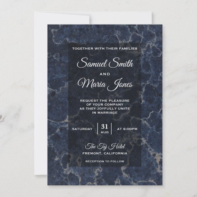 Convite de Casamento de Mármore Azul Escuro Elegan (Frente)