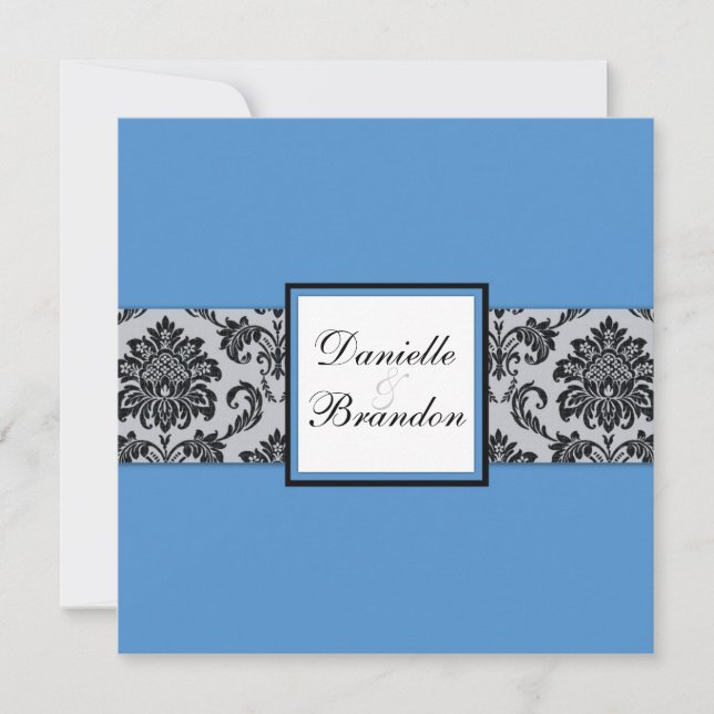 Convite de Casamento de Monograma Azul Damask (Frente)