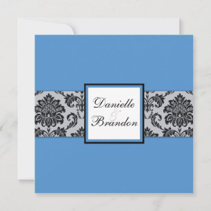 Convite de Casamento de Monograma Azul Damask