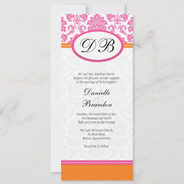 Convite de Casamento de Monograma, Damasco Rosa e  (Frente)