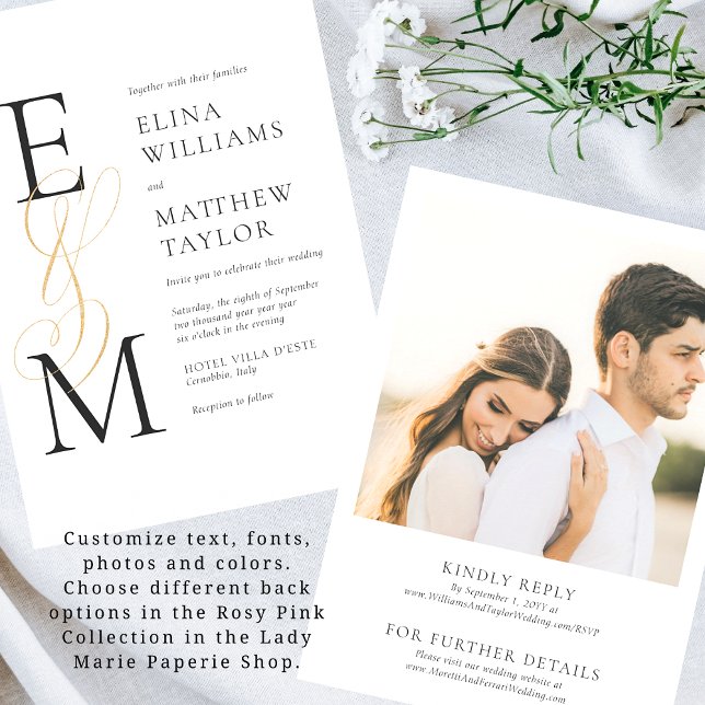 Convite de casamento de Monograma Dourado Elegante (Criador carregado)