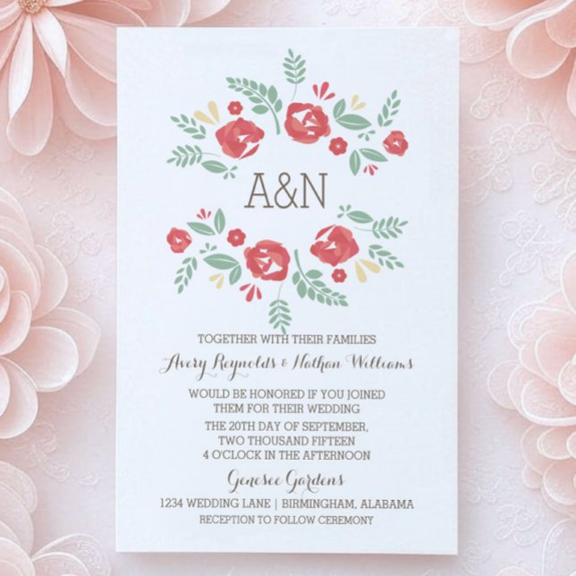 Convite de casamento de Monograma Floral de Campo  (Red Country Floral Monogram Wedding Invite)