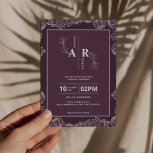 Convite De Casamento De Monograma Floral Roxo