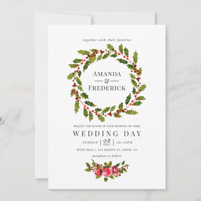 Convite de casamento de Natal com azevinho floral  (Frente)